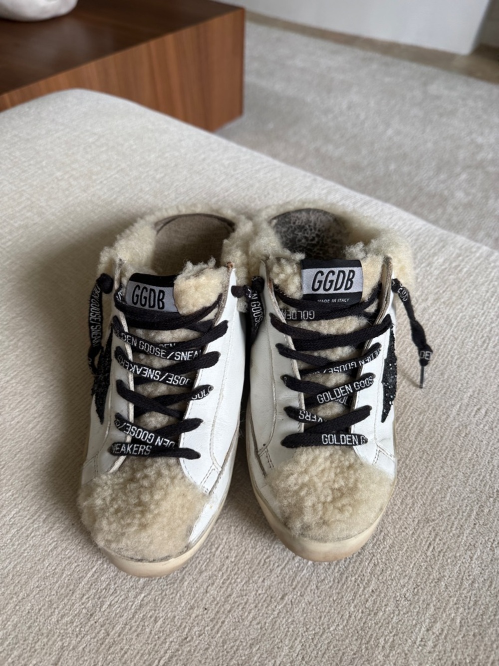 Golden Goose White Leather Sneakers with Cream Shearling and Black Laces